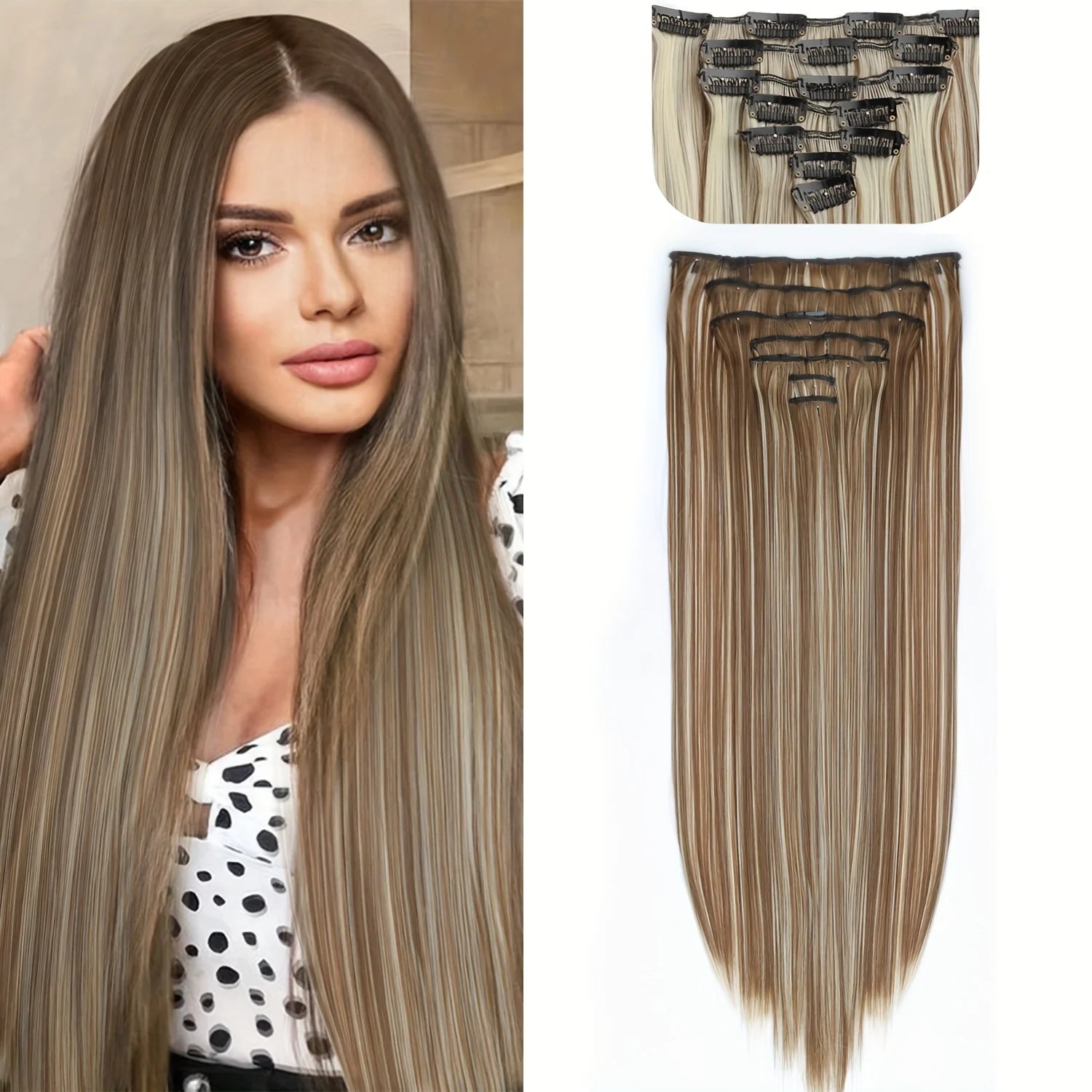Long Straight Hairstyle 16 Clips 7Pcs/Set Hair Extensions Natural Synthetic Blonde Black Hairpieces Heat Resistant For Women
