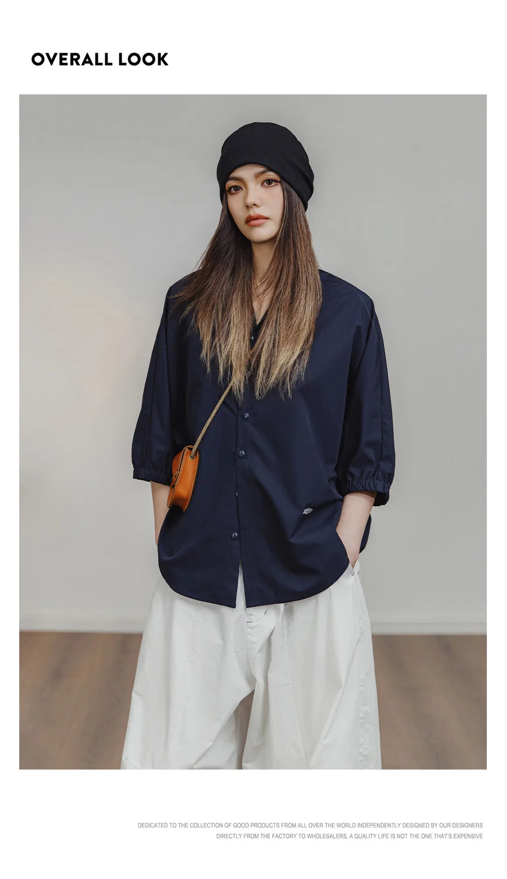 Maden 3/4-sleeved Shirt for Women Loose Blouse Batwing Sleeve Casual Breathable Stand Collar Tops Spring and Summer Blue Shirt