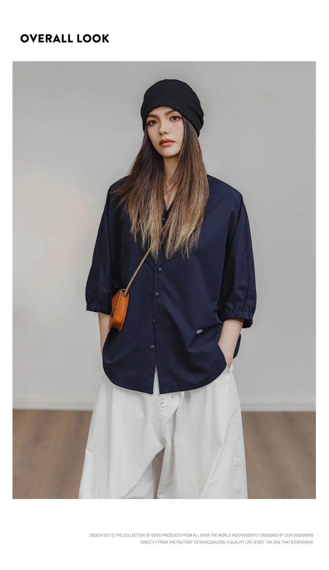 Maden 3/4-sleeved Shirt for Women Loose Blouse Batwing Sleeve Casual Breathable Stand Collar Tops Spring and Summer Blue Shirt