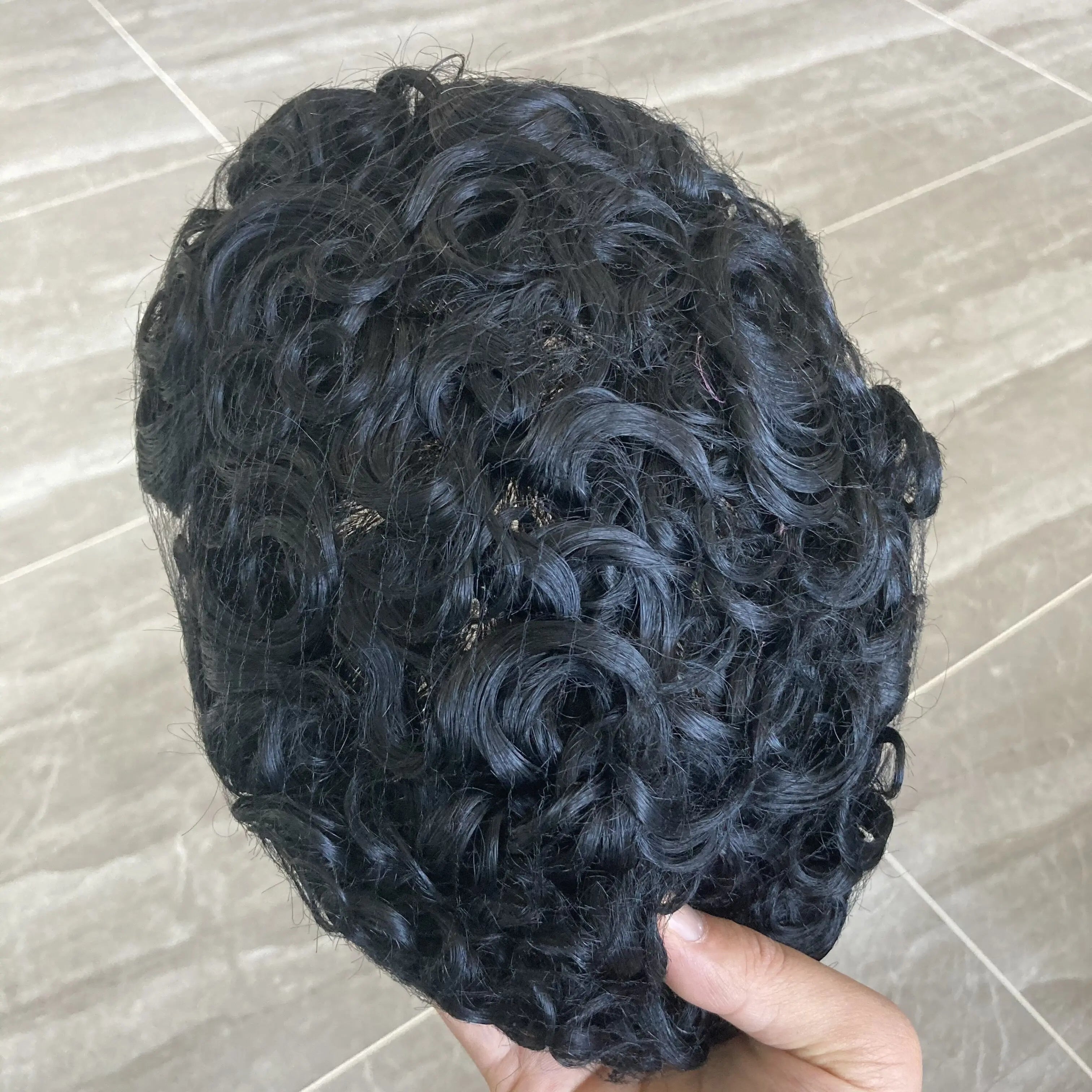 Men 26mm Natural Curly Human Hair Toupee Hair Replacement Capillary Prosthesis 100% Human Hair Durable skin Base Poly Easy Wear