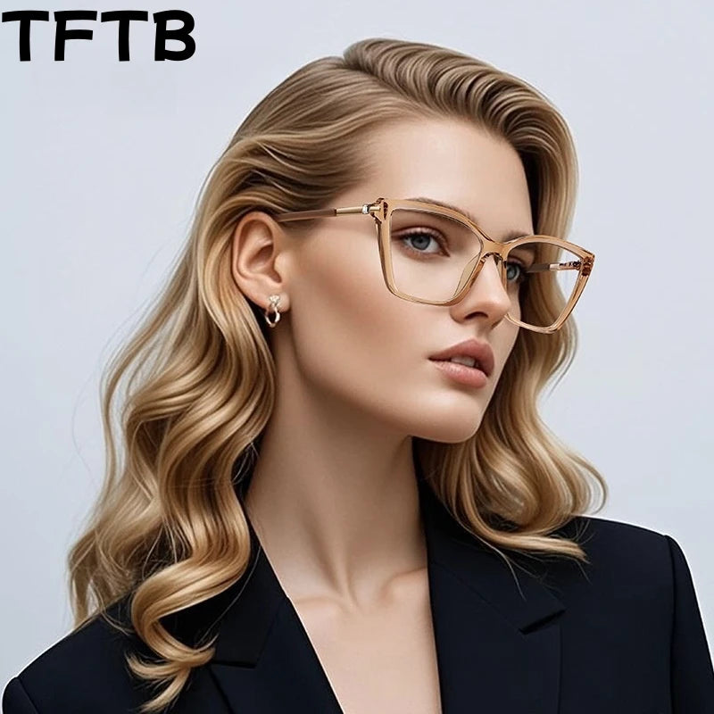 TFTB Fashion Trend Women Cat Eye Glasses Ultra Light TR90 Blue Light Blocking Alloy Optical Prescription Eyeglasses Frame 138mm