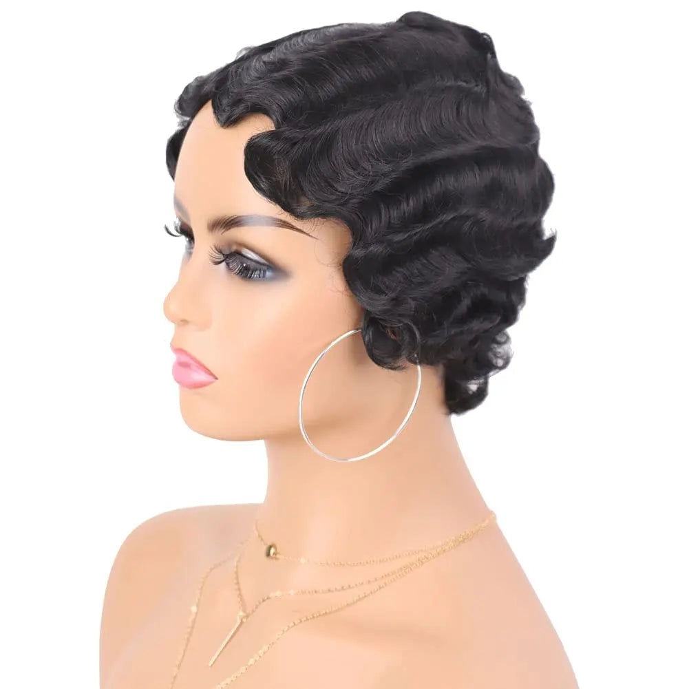 Finger Wave Synthetic Wig Short Mommy Hair Curly Wigs for Black Women Lady Nuna Wig 1920s Cosplay Costume Halloween Party