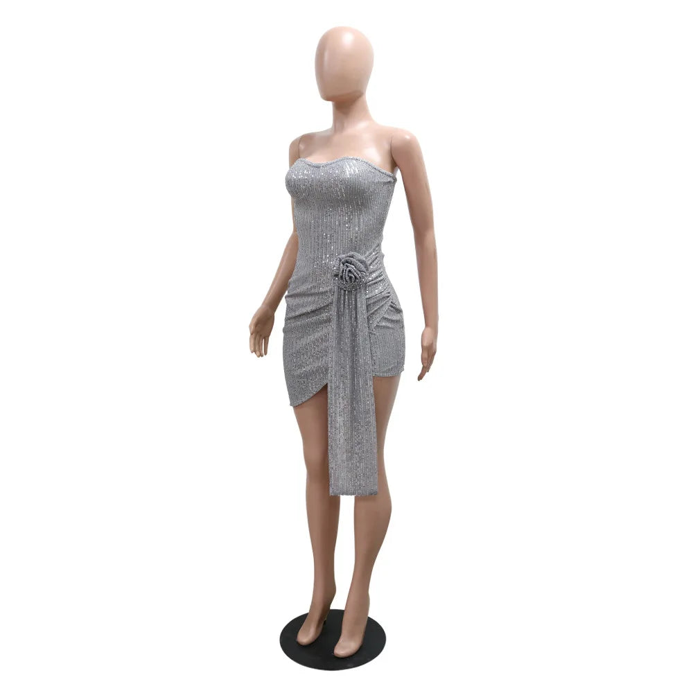 Strapless Sexy Sequin Dress Women Party Dresses Sleeveless Bodycon Vestidos Slim Night Club High Waist Knee Length Patchwork