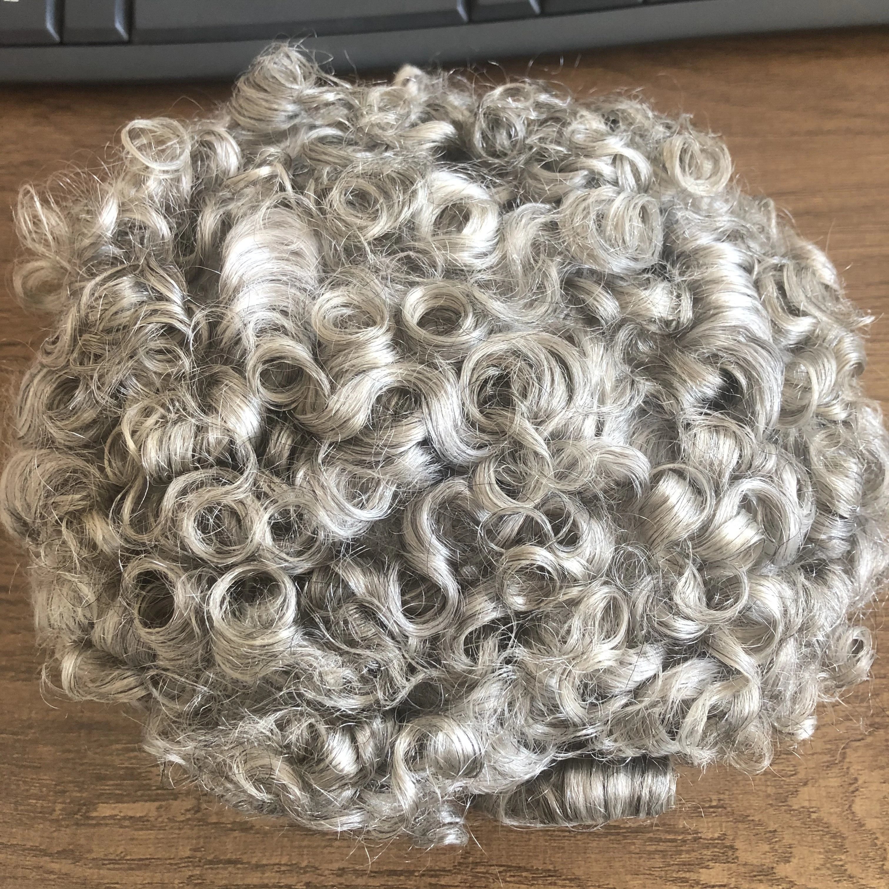 Men 26mm Natural Curly Human Hair Toupee Hair Replacement Capillary Prosthesis 100% Human Hair Durable skin Base Poly Easy Wear