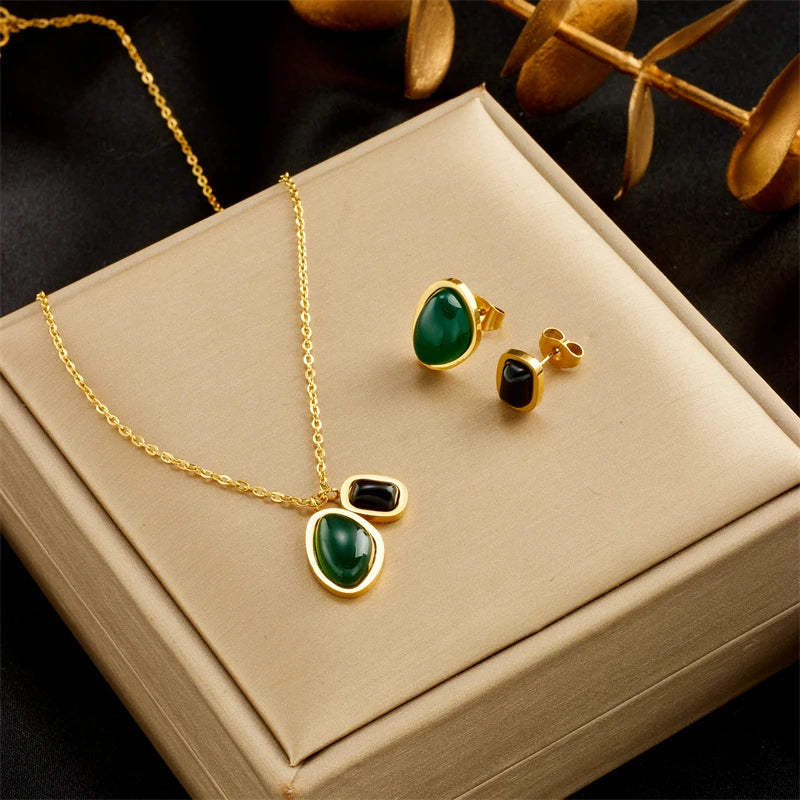 DIEYURO 316L Stainless Steel Green Black Stone Pendant Necklace Earrings For Women Girl New Fashion Waterproof Jewelry Set