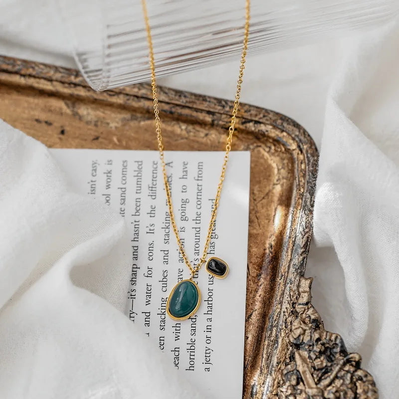DIEYURO 316L Stainless Steel Green Black Stone Pendant Necklace Earrings For Women Girl New Fashion Waterproof Jewelry Set