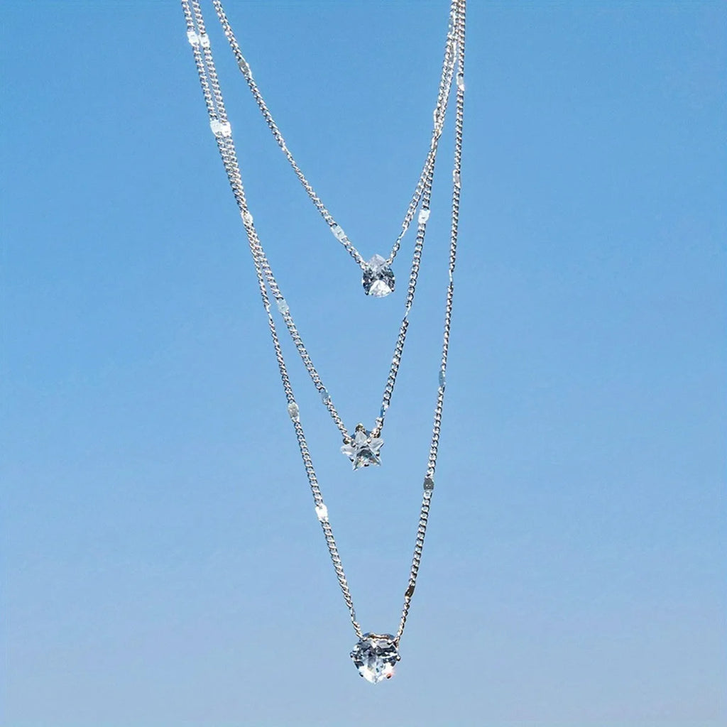 Multi-layer Five-pointed Star Heart Shape Water Drop Pendant Chain Necklace Alloy Material Glass Collarbone Chain Sexy Women's
