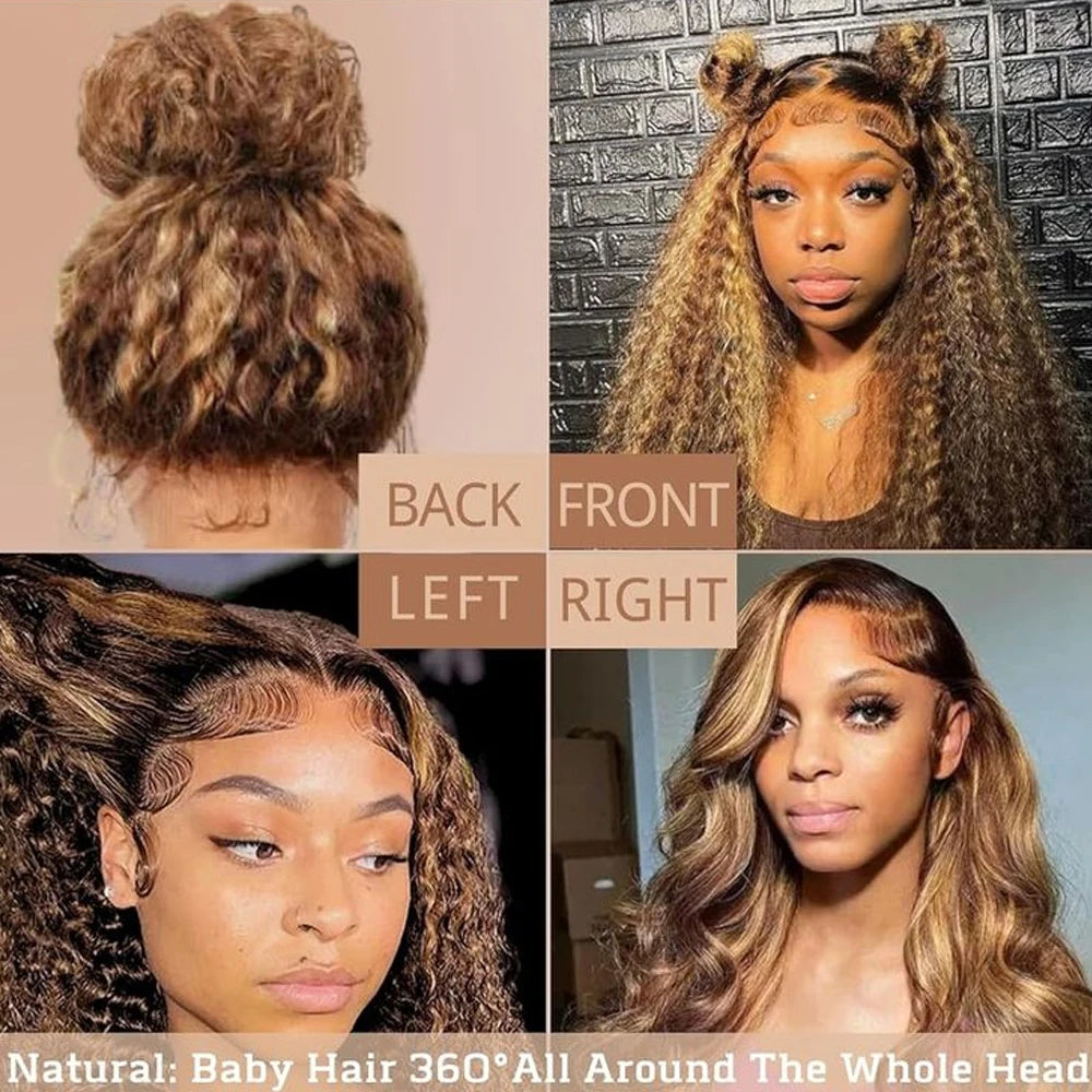 Deep Wave 30 Inch Invisible Strap 360 Full Lace Front Wig Honey Blonde Highlight Deep Curly Frontal Wig Glueless Wig Human Hair