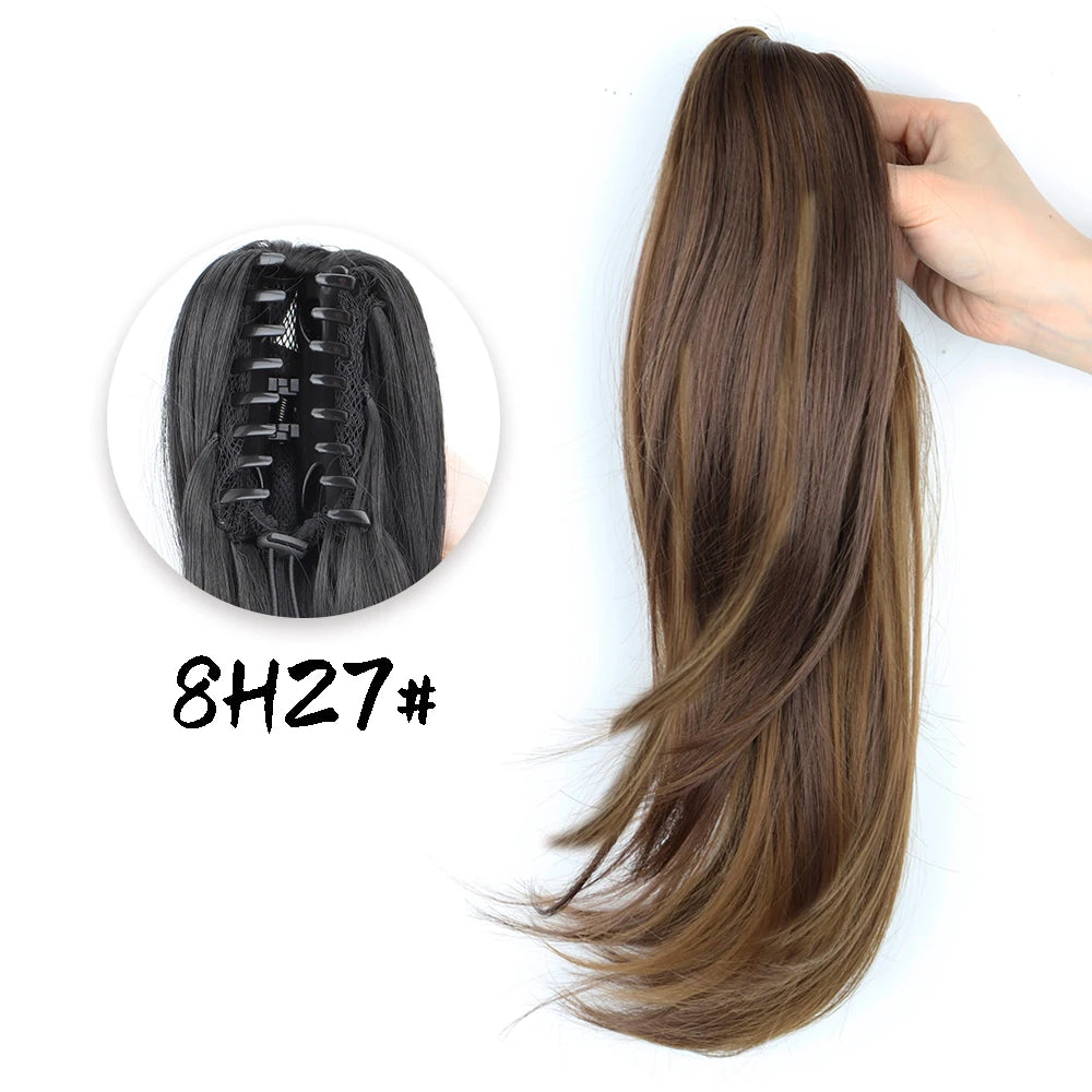 Synthetic Claw Clip Ponytail 18Inch Long Wavy Black Brown Heat Resistant Type Layered Horse Tail  Hair Extension