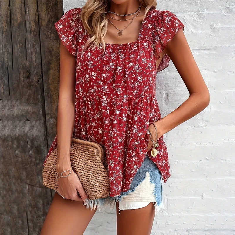 Plus Size Women's Shirts, Floral Print Square Collar Layered Shirts, Loose Fit, Suitable for Work Clothing and Vacation