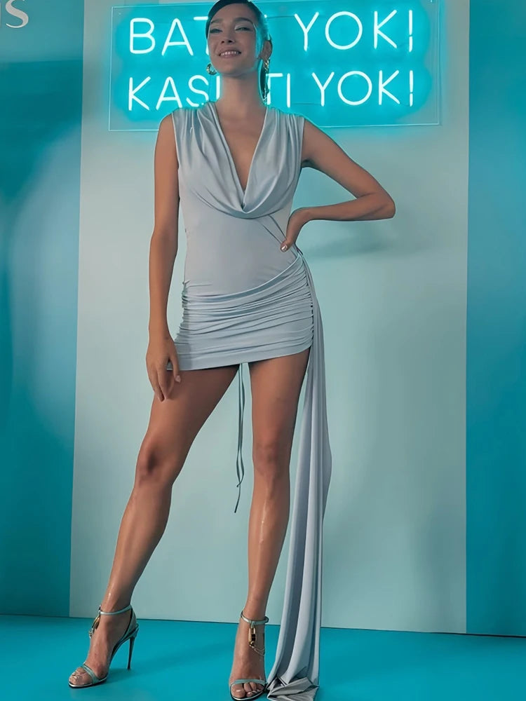 JULISSA MO Sexy Deep V-neck draped Mini dress Women White Sleeveless High Waist Ribbon Dress Summer Slim Elegant Party Clubwear