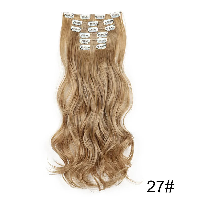 16Clips Synthetic 24Inch Long Curly Hair Hairpiece Heat Resistant Hair Extension Clips In Black Brown Blonde for Women