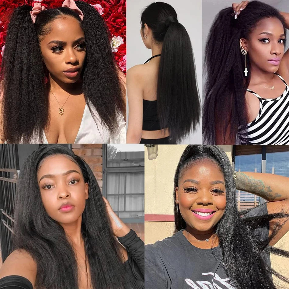 Kinky Straight 100% Raw Human Hair Bundles And Closure 4X4 3Bundles Yaki Straight Hair with HD Transparent Lace Frontal Tissage