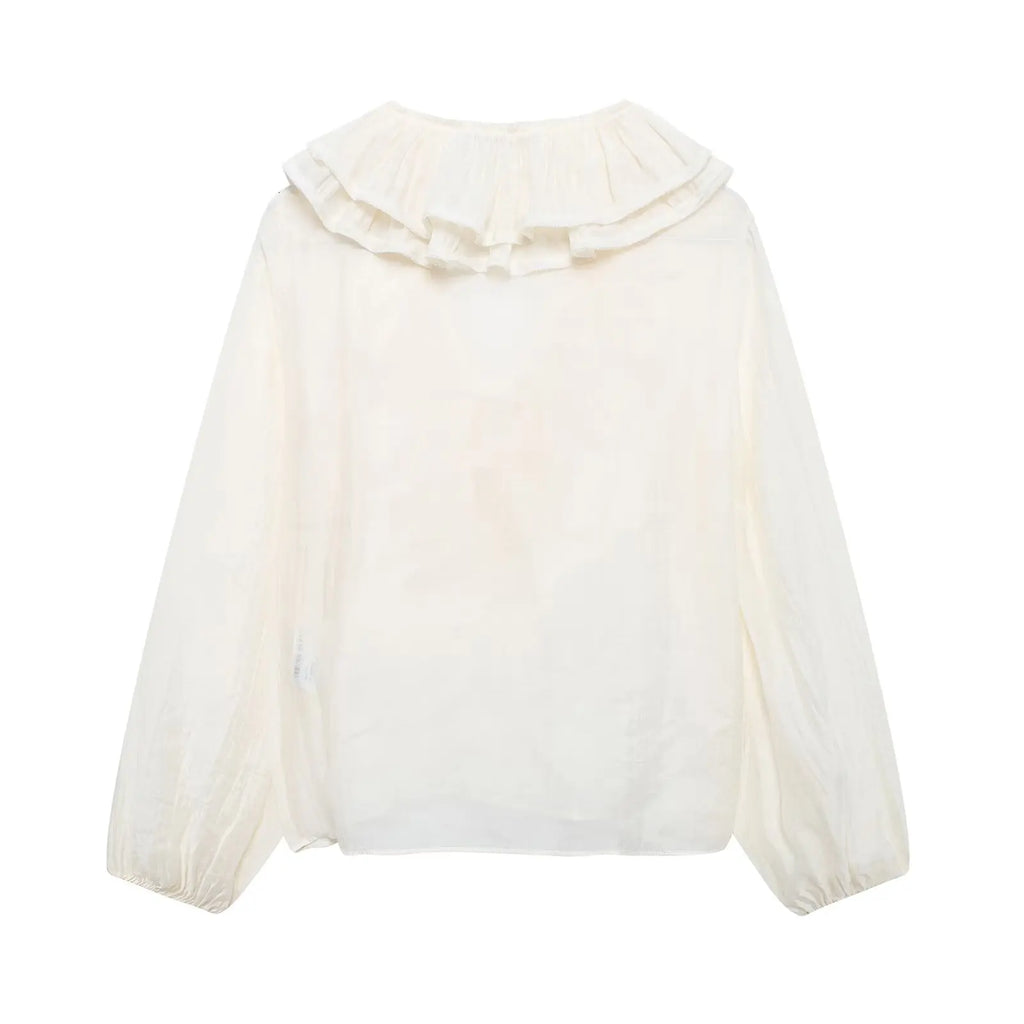TRAFZA Elegant Women's Tierred Ruffles Blouses V-Neck Long Sleeve Loose Shirt Lady 2025 Spring Chic Lace-up Wild Woman Solid Top