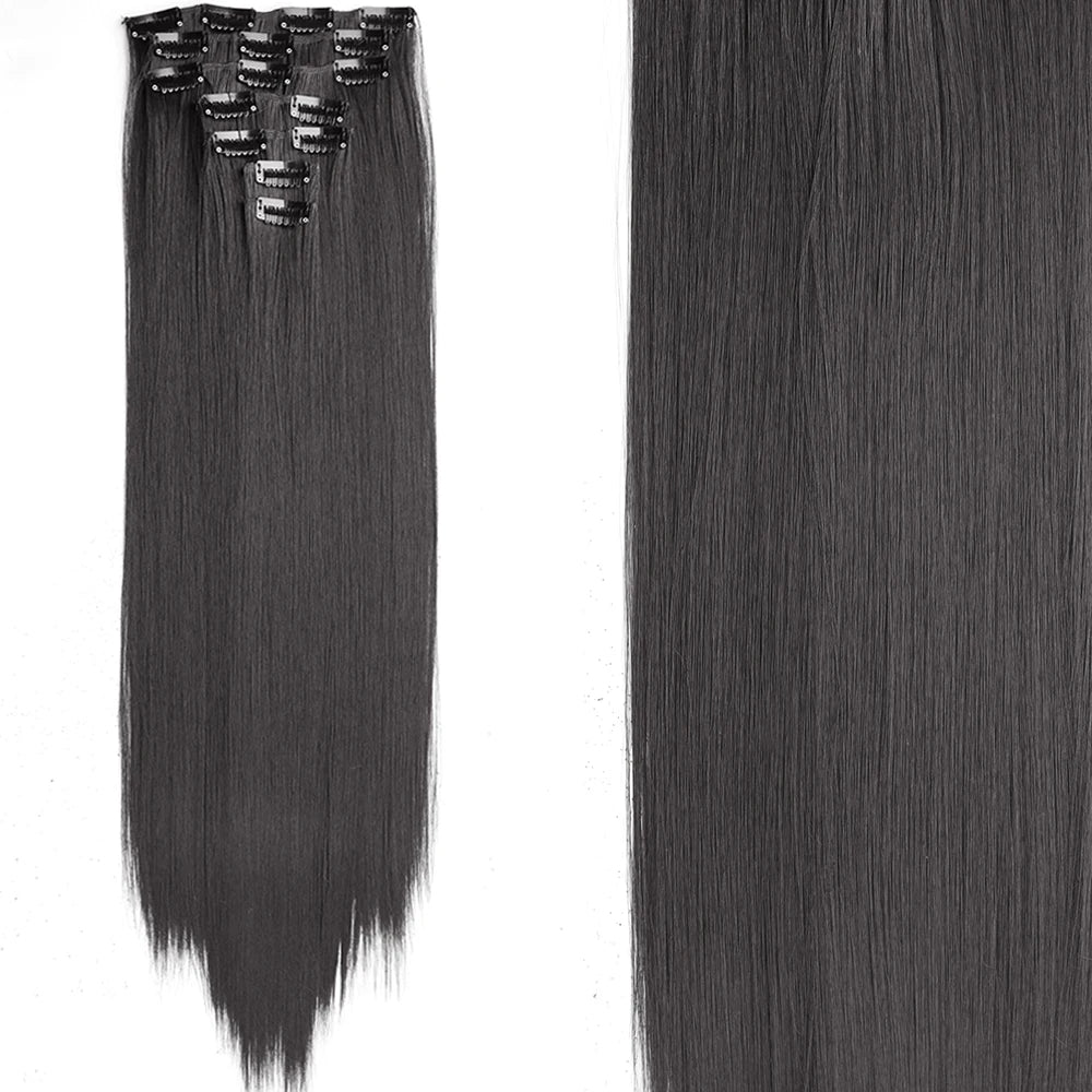 7Pcs/Set 16 Clips Hair Extension Black Long Straight Natural Hair Ombre Hairpiece Heat Resistant Fiber For Women Hairstyle