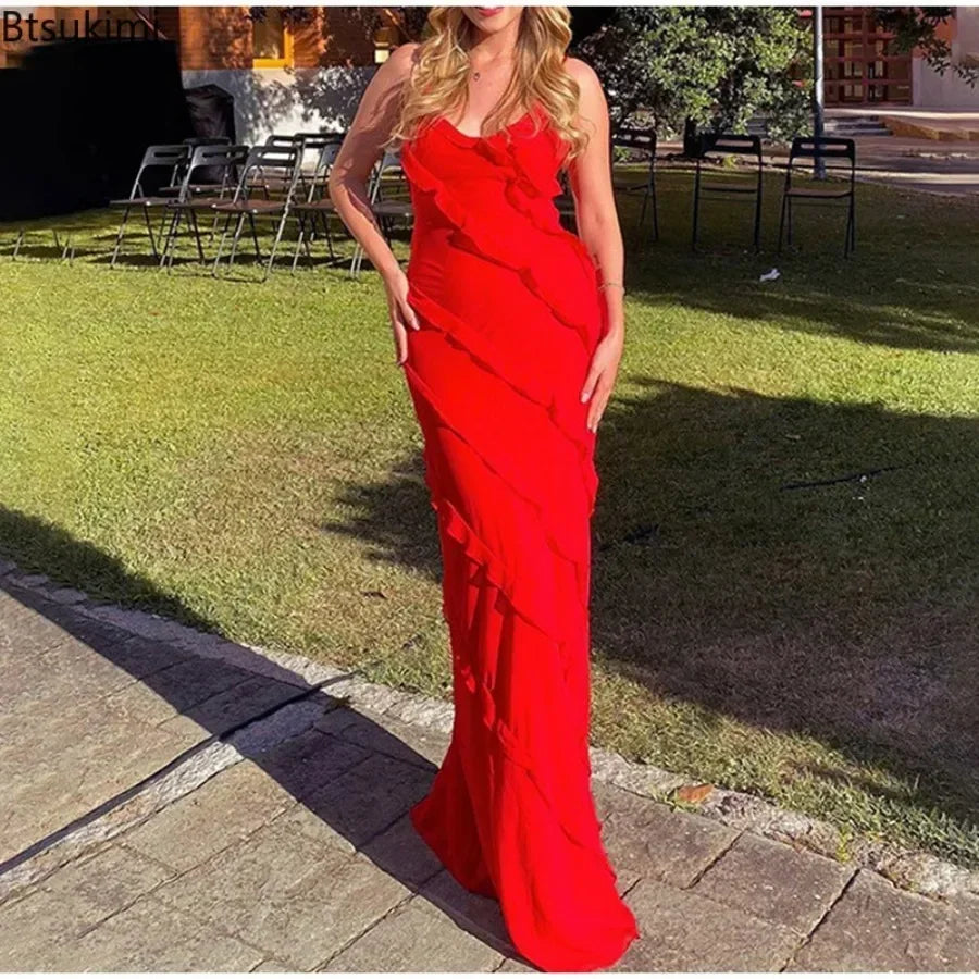 New 2025 Women's Ruffles Chiffon Maxi Dress Backlesss Split Sexy Porm Dress Red Long Summer Wedding Party Dress Elegant Vestidos