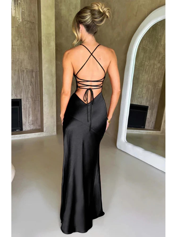 Bandage Backless Elegant Dress Split Hem Spaghetti Strap Slim Cocktail Party Club Fashion Satin Solid Lace-Up Long Dresses