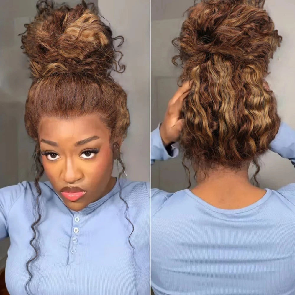 Deep Wave 30 Inch Invisible Strap 360 Full Lace Front Wig Honey Blonde Highlight Deep Curly Frontal Wig Glueless Wig Human Hair