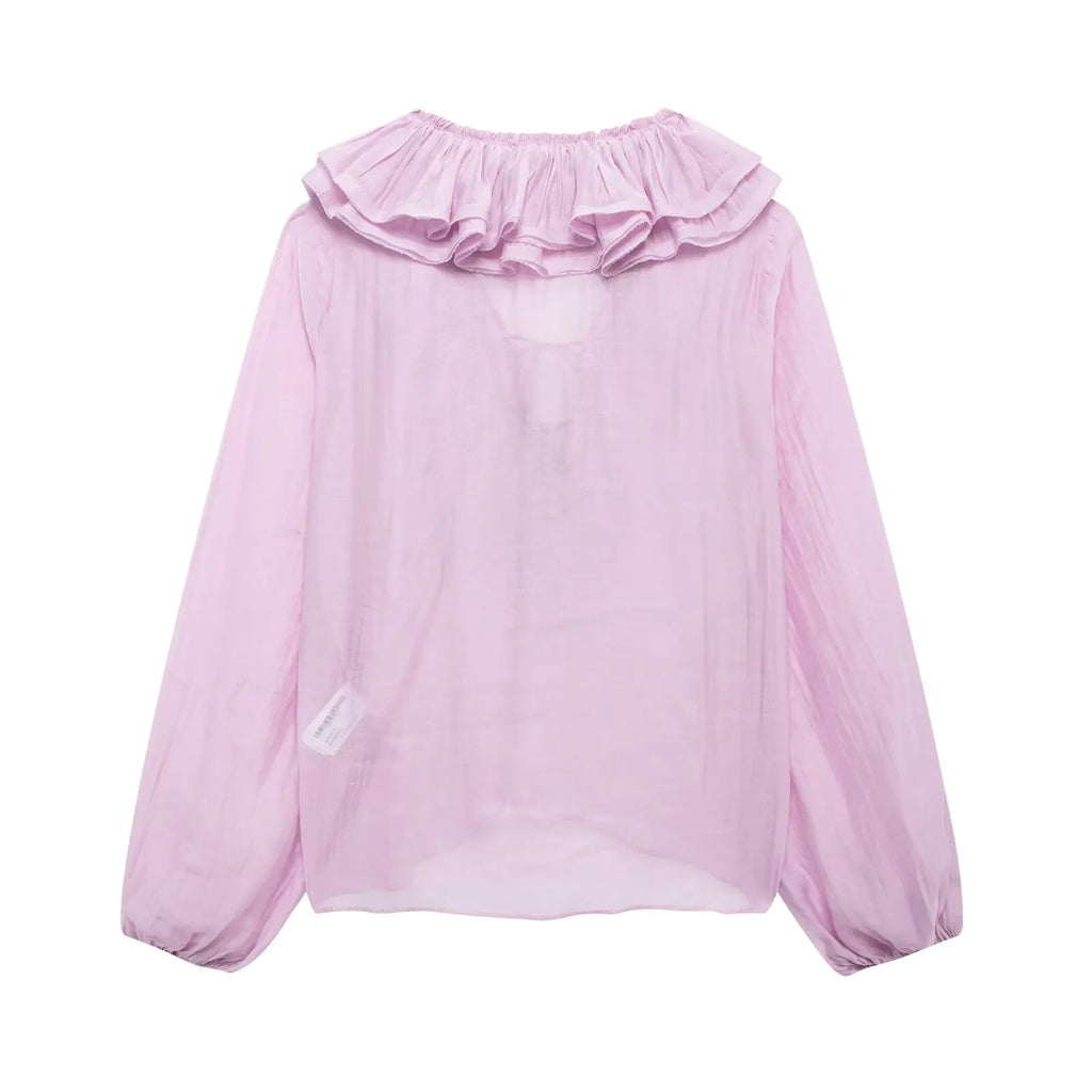 TRAFZA Elegant Women's Tierred Ruffles Blouses V-Neck Long Sleeve Loose Shirt Lady 2025 Spring Chic Lace-up Wild Woman Solid Top