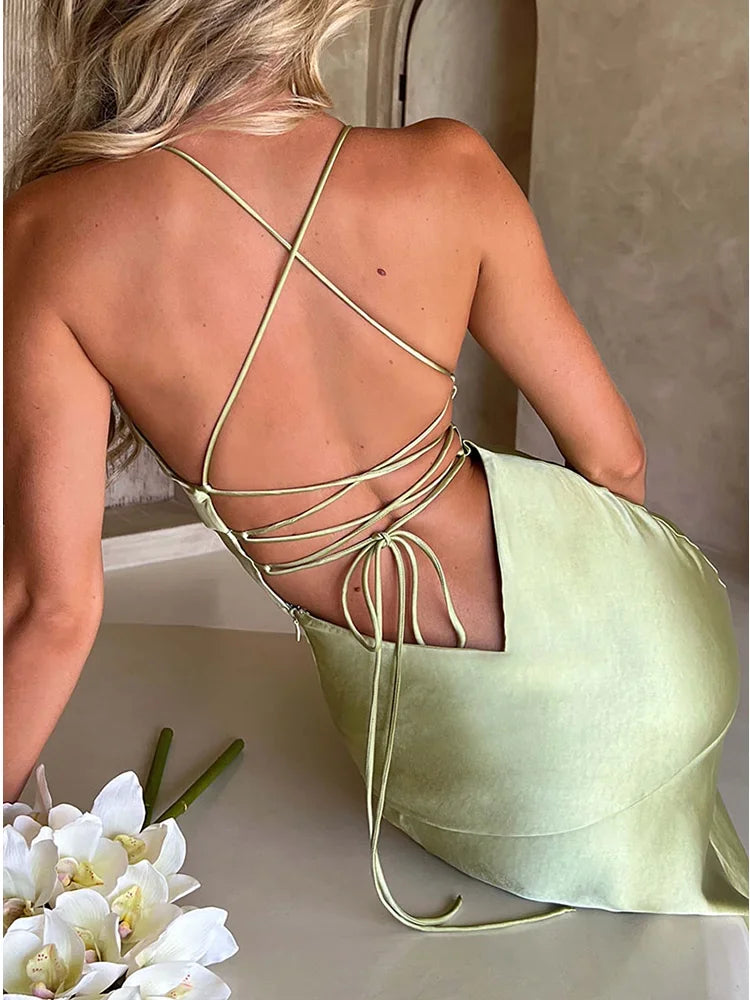 Bandage Backless Elegant Dress Split Hem Spaghetti Strap Slim Cocktail Party Club Fashion Satin Solid Lace-Up Long Dresses