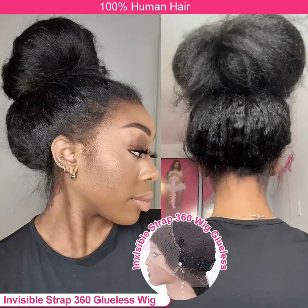 Yaki Straight Invisible Strap Drawstring Snug Fit 360 full lace Glueless Wig Kinky Straight Human Hair 30 Inch Lace Front Wig