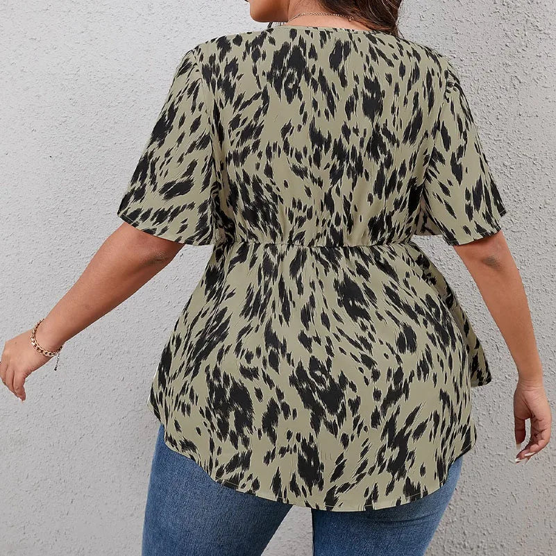 Plus Size Women's Shirts, All-Over Printed V-Neck Short-Sleeved Shirts, Elastic Waist Summer Casual Tops