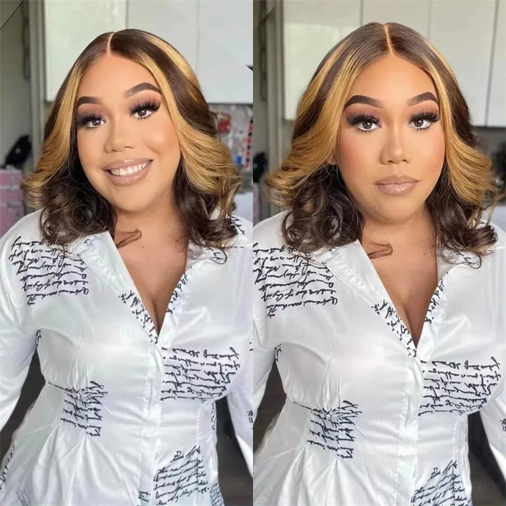Body Wave 4/27 Color Short Bob Wig Ombre Blonde 13x4 Lace Frontal Wig Highlight Brown Mix Blonde 100% Human Hair Preplucked Bob