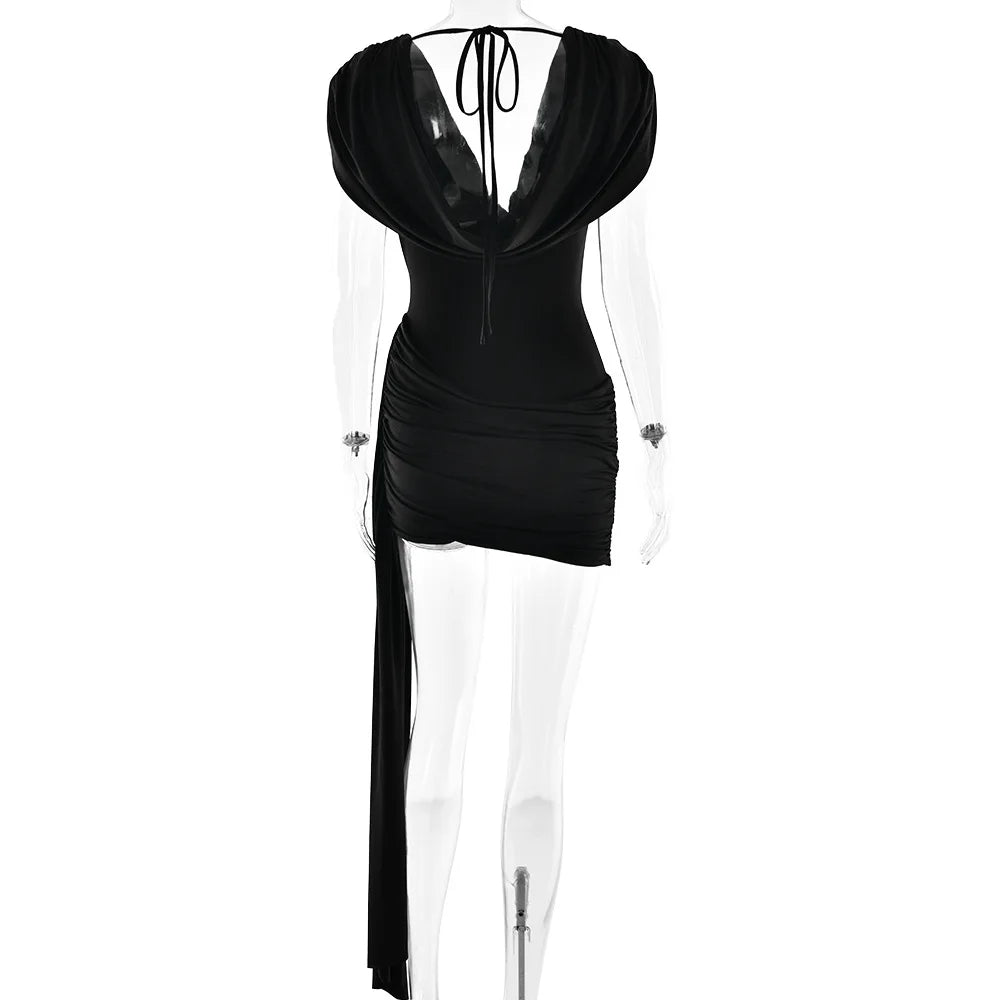 JULISSA MO Sexy Deep V-neck draped Mini dress Women White Sleeveless High Waist Ribbon Dress Summer Slim Elegant Party Clubwear