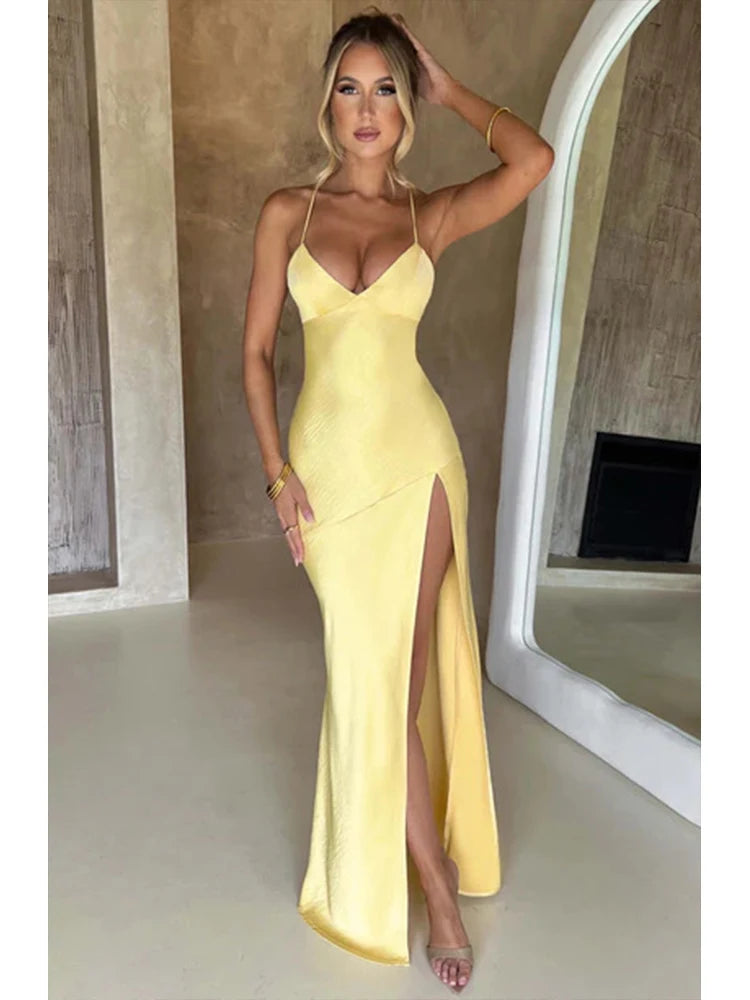 Bandage Backless Elegant Dress Split Hem Spaghetti Strap Slim Cocktail Party Club Fashion Satin Solid Lace-Up Long Dresses