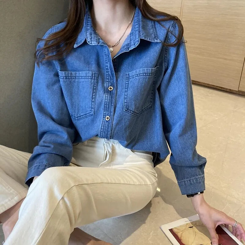 Retro Blue Shirt Denim Shirt for Women Autumn 2025 New Design Shirts Long Sleeved Solid Single Breasted Jeans Jacket for Women