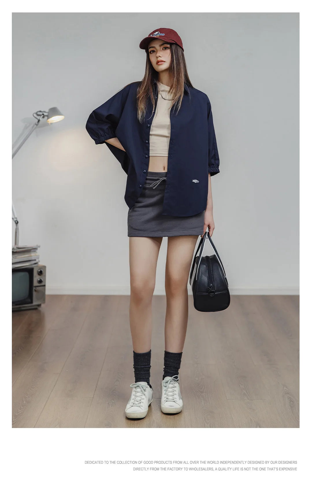 Maden 3/4-sleeved Shirt for Women Loose Blouse Batwing Sleeve Casual Breathable Stand Collar Tops Spring and Summer Blue Shirt