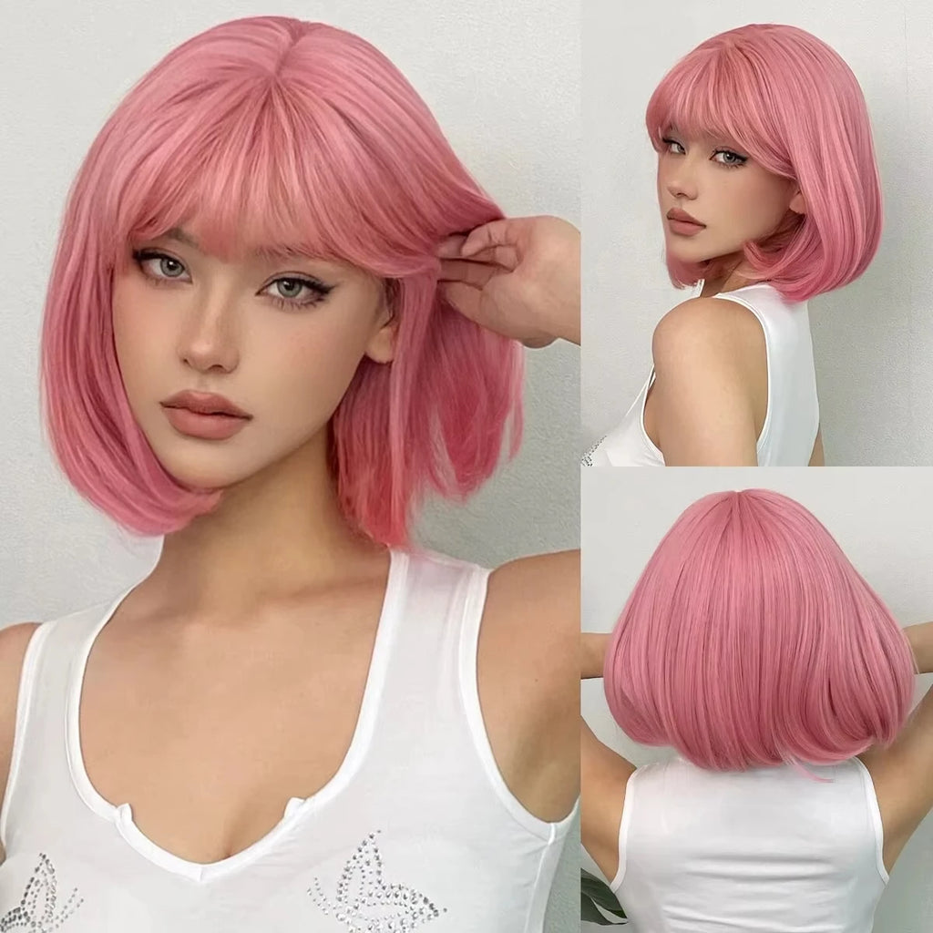 Short Straight Bob Black synthetic wig with fringe Ladies High temperature silk wig Christmas party Cosplay daily wear wig