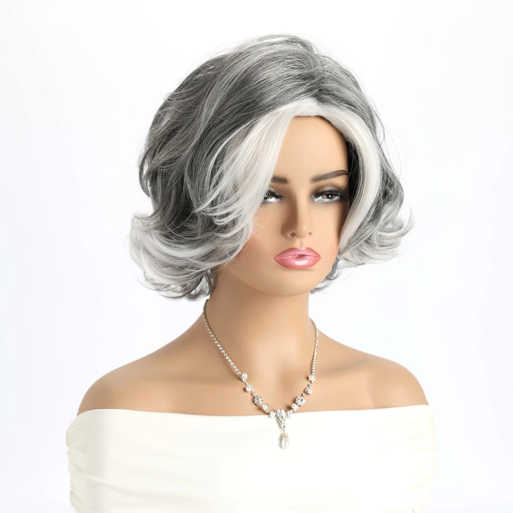 Short Natural Wigs with Bangs Soft Mommy Hair Daily Use Short  Grey Ombre Curly Synthetic Hair Costume Party Wig for Women