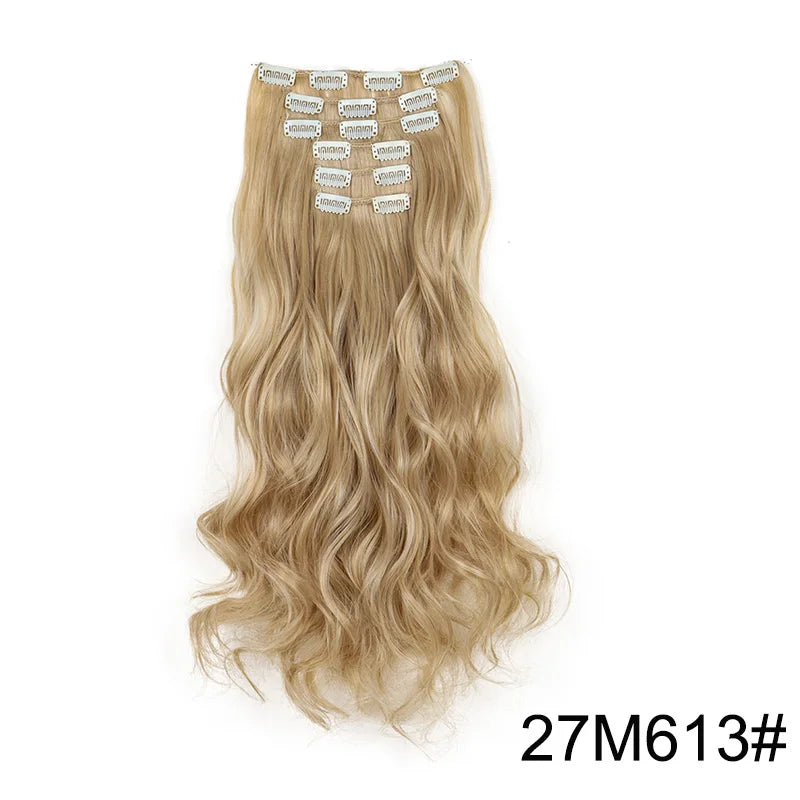 16Clips Synthetic 24Inch Long Curly Hair Hairpiece Heat Resistant Hair Extension Clips In Black Brown Blonde for Women