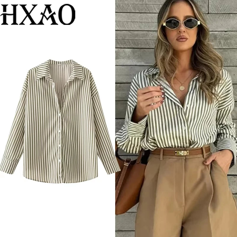 HXAO 2025 Shirts Blouses New Long Striped Shirt Women Long Sleeve Casual Shirts Large Tops Summer Plain Button Up Shirts 088