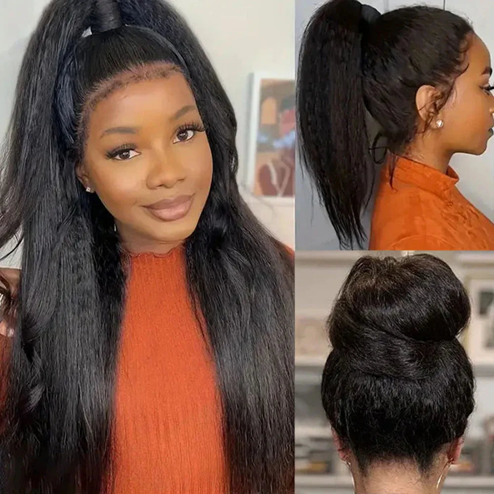 Yaki Straight Invisible Strap Drawstring Snug Fit 360 full lace Glueless Wig Kinky Straight Human Hair 30 Inch Lace Front Wig