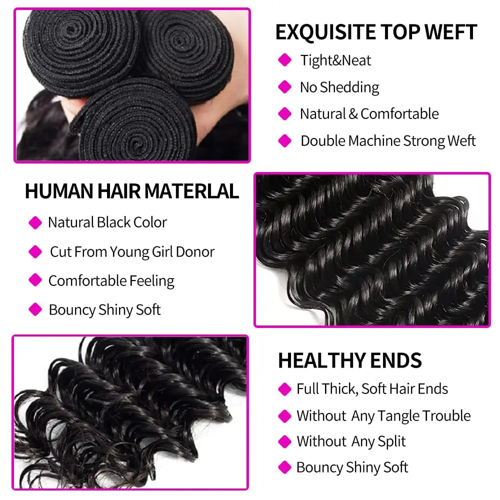 Human Hair Bundles with Closure Deep Wave 3 Bundles with 4x4 Lace Closure 100% Unprocessed Brazilian Virgin Curly Closure Bundle