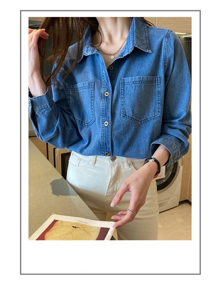 Retro Blue Shirt Denim Shirt for Women Autumn 2025 New Design Shirts Long Sleeved Solid Single Breasted Jeans Jacket for Women
