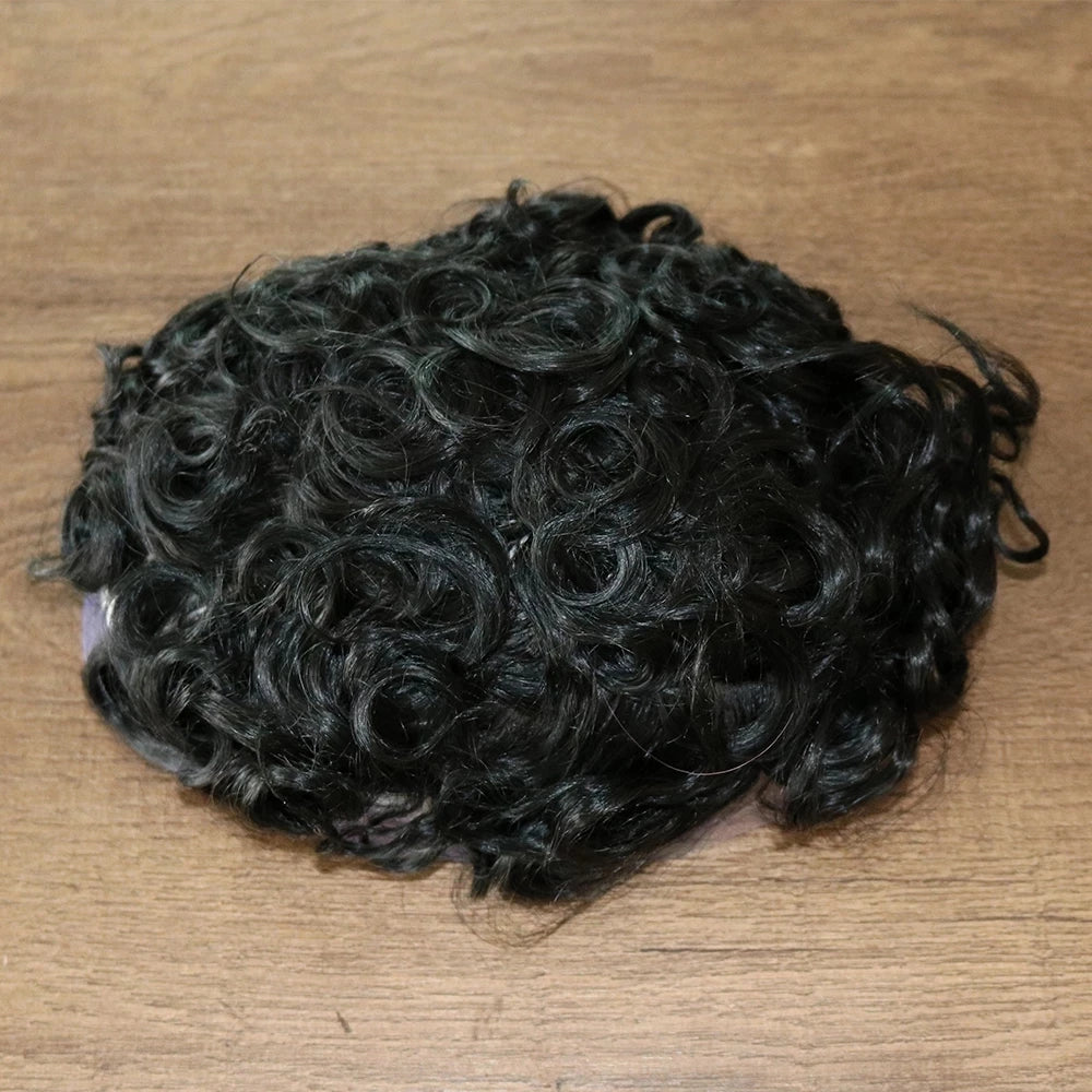 Men 26mm Natural Curly Human Hair Toupee Hair Replacement Capillary Prosthesis 100% Human Hair Durable skin Base Poly Easy Wear