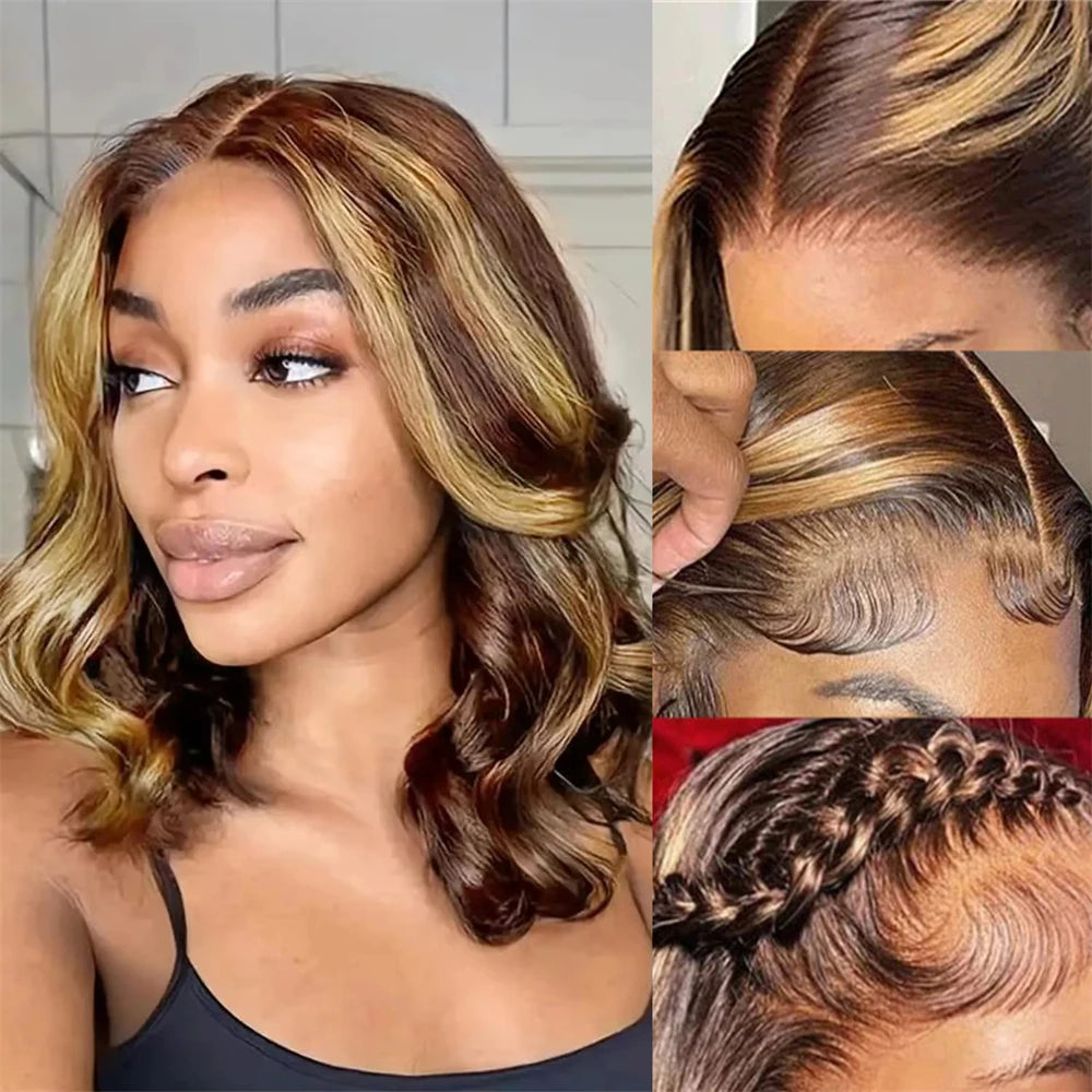 Body Wave 4/27 Color Short Bob Wig Ombre Blonde 13x4 Lace Frontal Wig Highlight Brown Mix Blonde 100% Human Hair Preplucked Bob