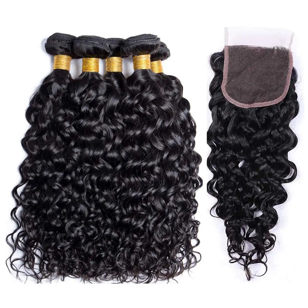 Brazilian Water Wave Hair Bundles With Closure 3Pcs 4Pcs Hair Bundle And 1pc Lace Closure Remy Human Hair Weave Natural Color 1B