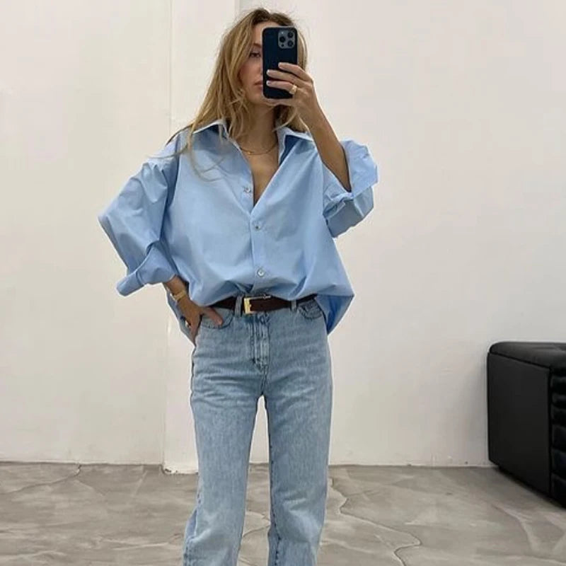 HXAO 2025 Shirts Blouses New Long Striped Shirt Women Long Sleeve Casual Shirts Large Tops Summer Plain Button Up Shirts 088