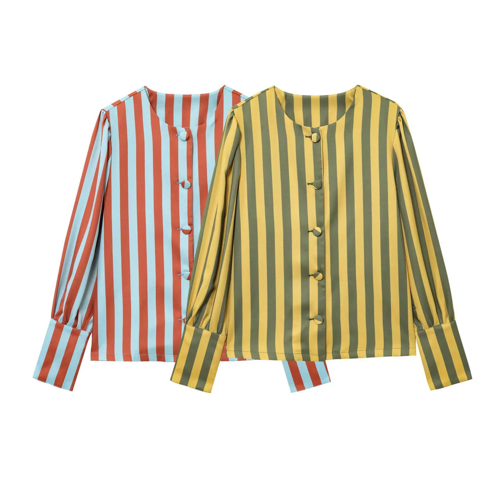 ZBZA Women's Loose Fit Striped Print Shirt O-neck Puff Sleeve Single Breasted Simple Casual Top Spring Summer Female Chic Blouse