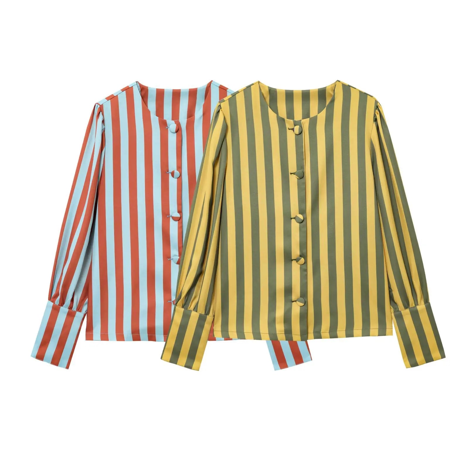 ZBZA Women's Loose Fit Striped Print Shirt O-neck Puff Sleeve Single Breasted Simple Casual Top Spring Summer Female Chic Blouse