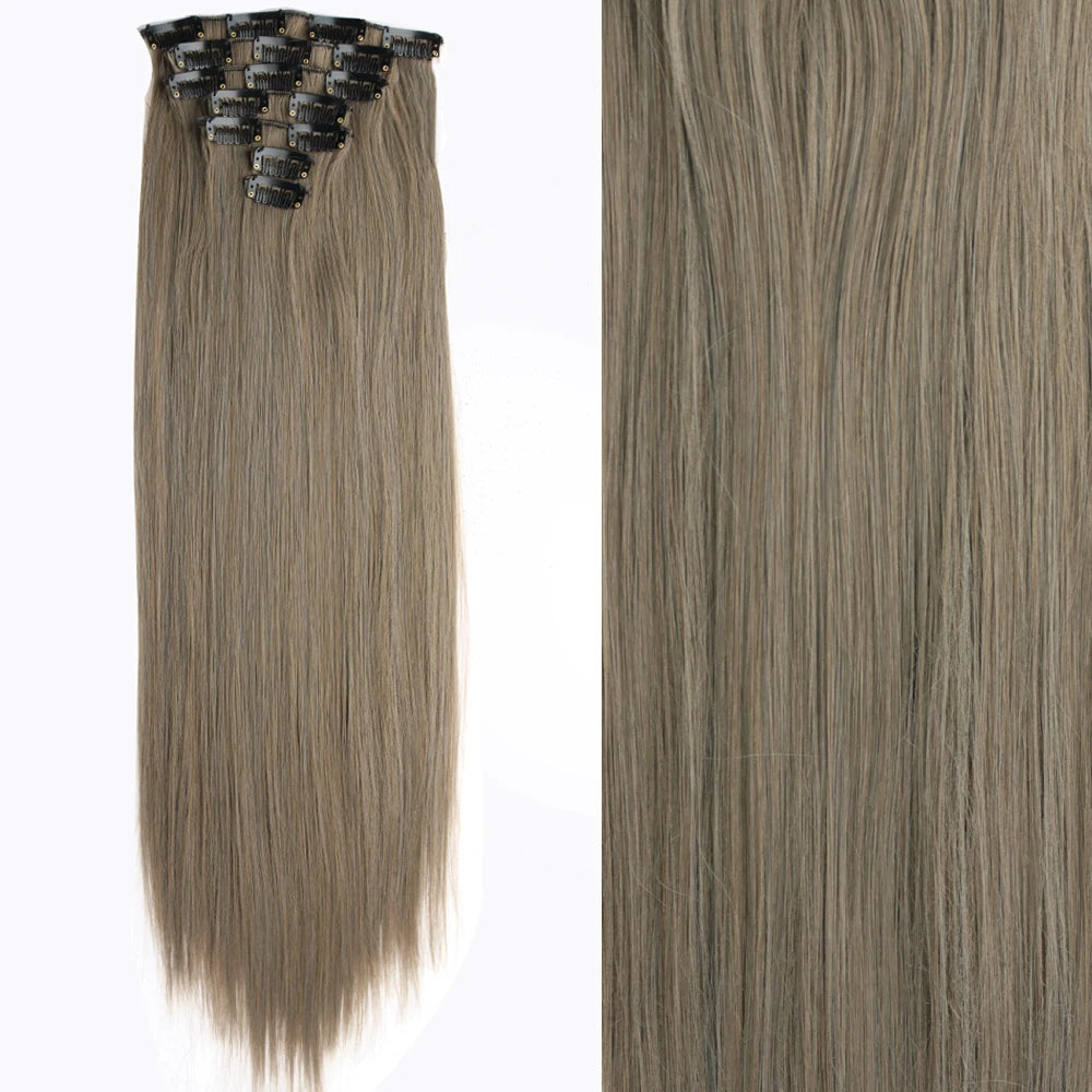 Long Straight Hairstyle 16 Clips 7Pcs/Set Hair Extensions Natural Synthetic Blonde Black Hairpieces Heat Resistant For Women