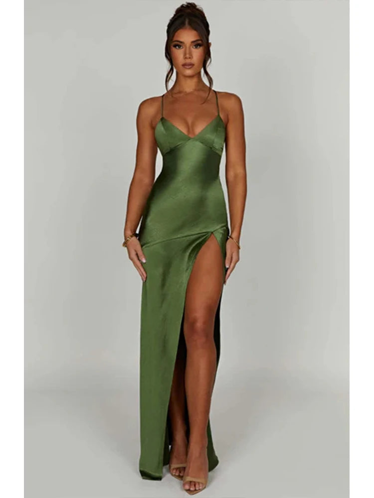 Bandage Backless Elegant Dress Split Hem Spaghetti Strap Slim Cocktail Party Club Fashion Satin Solid Lace-Up Long Dresses