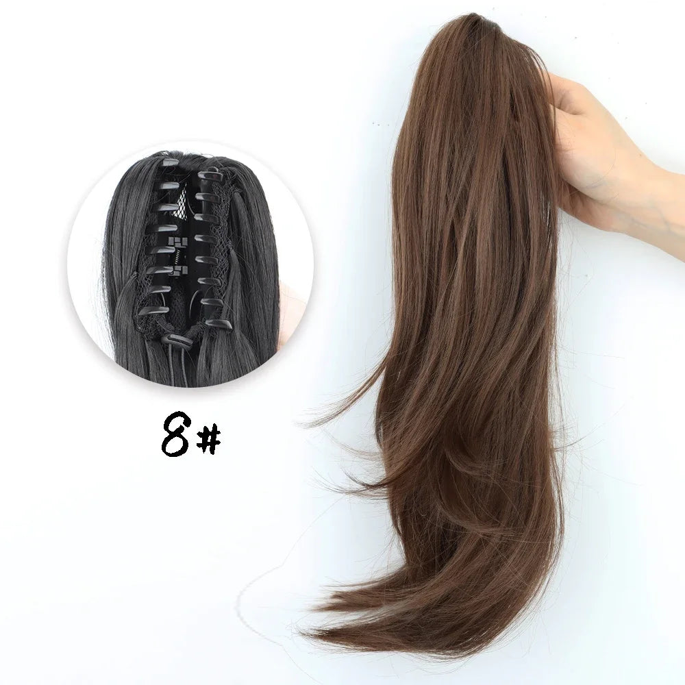 Synthetic Claw Clip Ponytail 18Inch Long Wavy Black Brown Heat Resistant Type Layered Horse Tail  Hair Extension