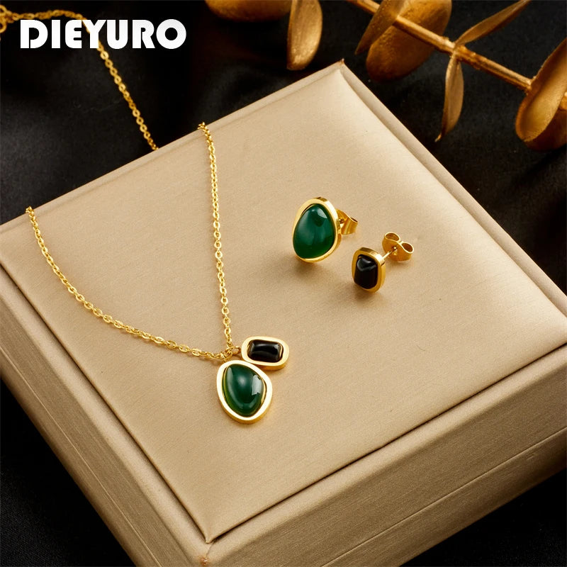 DIEYURO 316L Stainless Steel Green Black Stone Pendant Necklace Earrings For Women Girl New Fashion Waterproof Jewelry Set