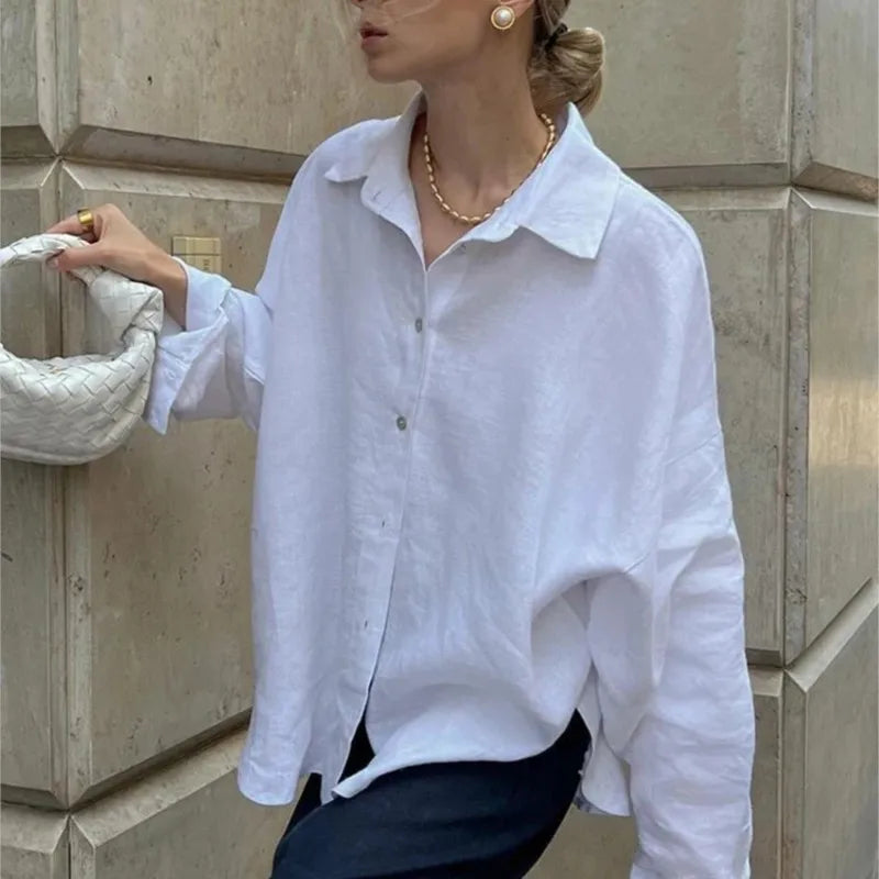D.Nale K White Women's Shirts Elegant Long Sleeve Loose-Fitting Woman Blouse New Vintage Basic Top Collar Shirt for Women