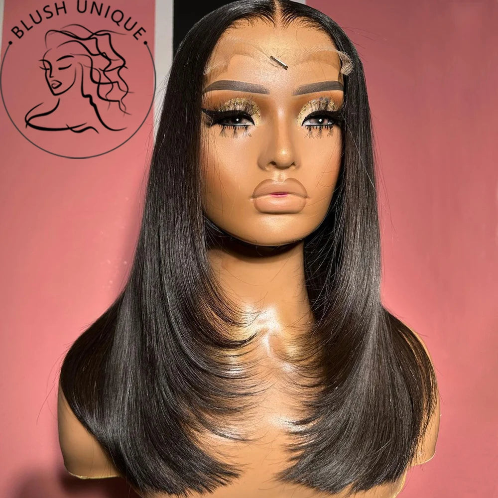 13X6 Dark Burgundy Straight Lace Front Wigs HD Layered Cut Lace Frontal Wig Synthetic Pre Plucked Glueless Lace Wigs For Women